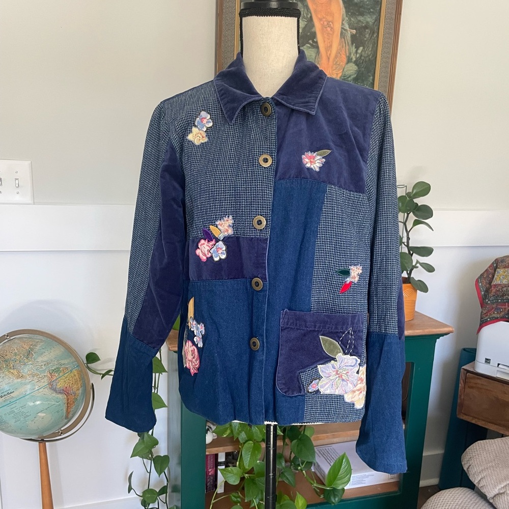 Vintage Koret City Blues Flower Appliqué Mixed Fabric Jacket Large Patchwork